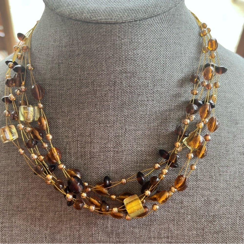 Multistrand brown and amber tone beaded necklace